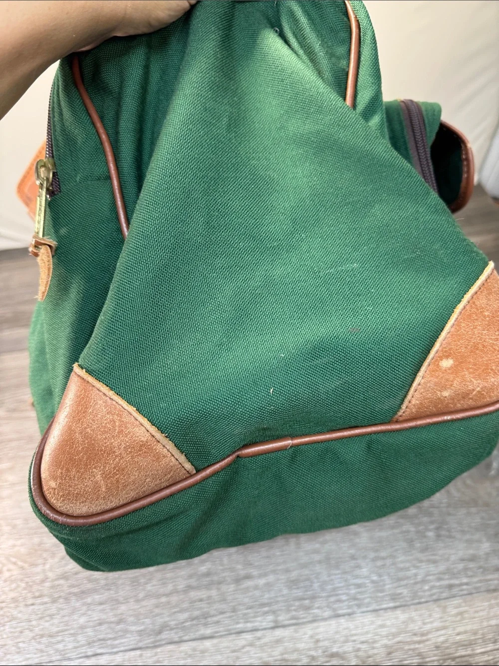 LL bean Green Canvas & Brown Leather Travel Duffel Bag